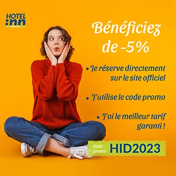Bénéficiez de -5% sur votre réservation avec le code promo HID2023 dans tous les Hôtels Inn Design de France